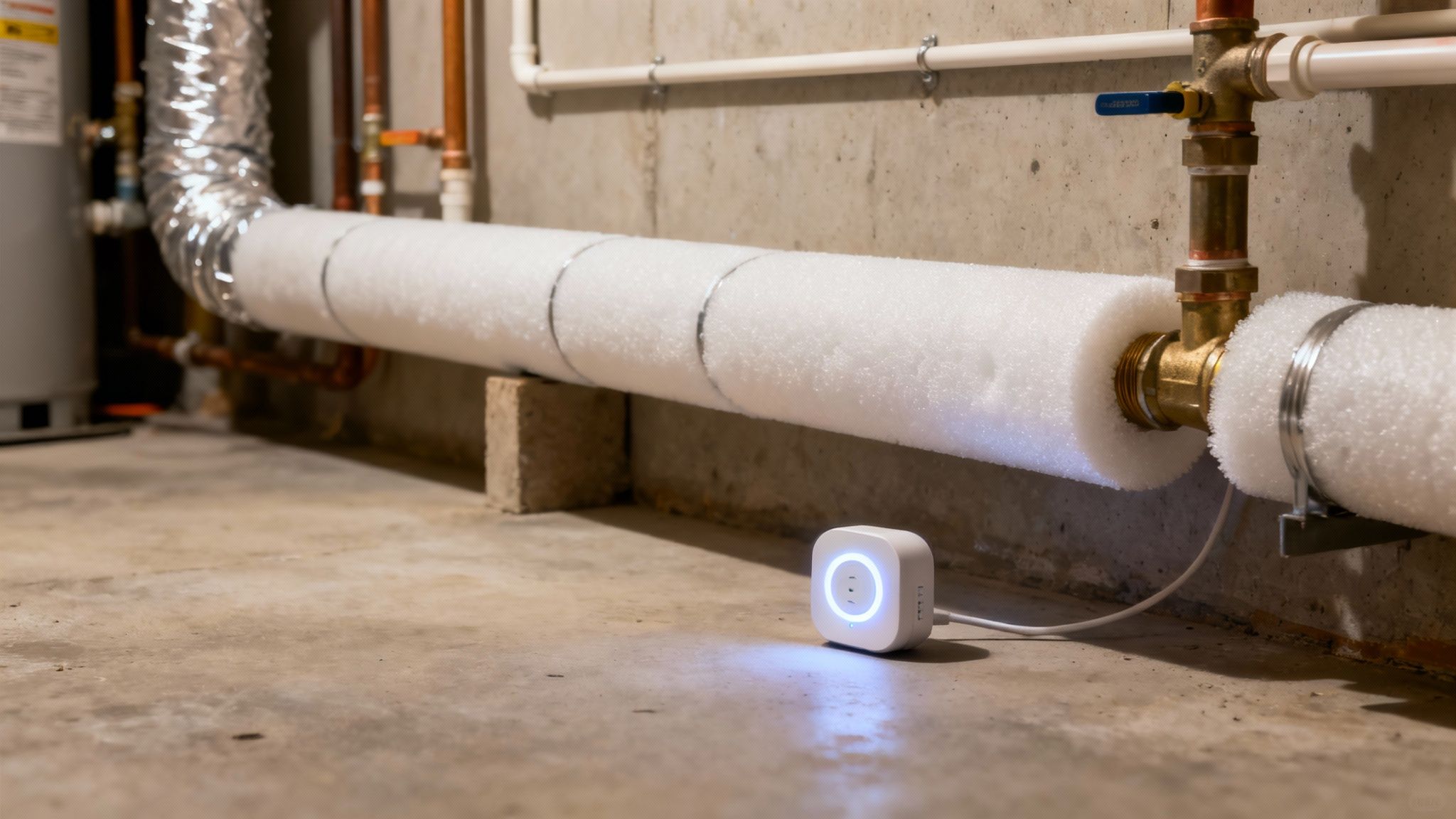 A homeowner wraps insulation around a copper pipe in a basement to prevent it from freezing.