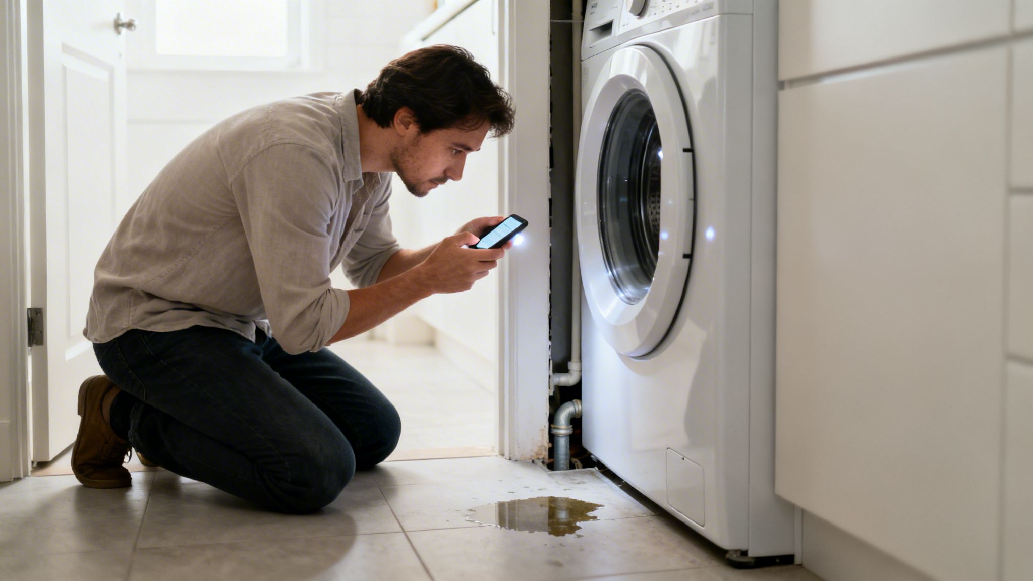 A man kneels, inspecting a leaking washing machine with his phone's flashlight, a puddle on the floor.