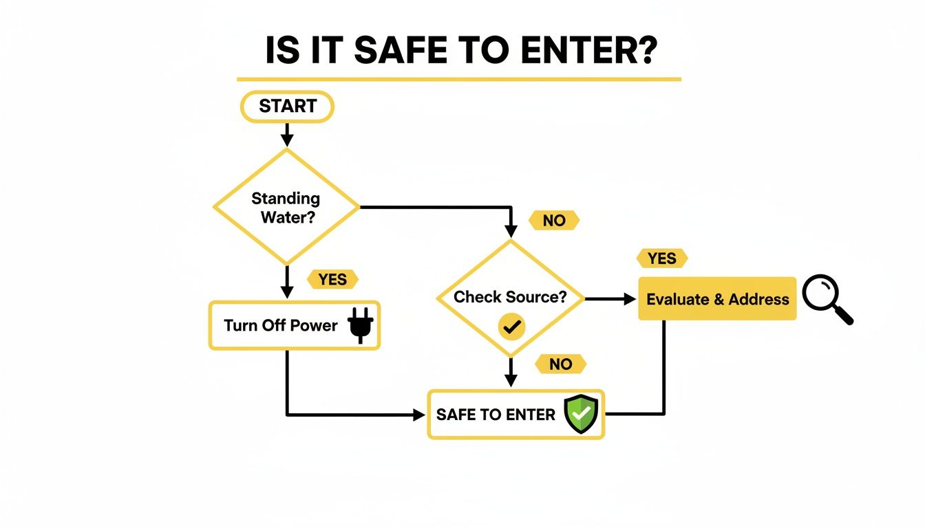 Flowchart illustrating steps to determine if an area is safe to enter, addressing standing water and power.