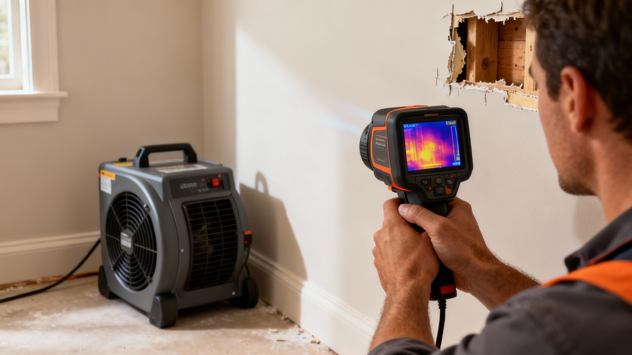 A restoration pro using a thermal imaging camera to detect hidden moisture in a wall.