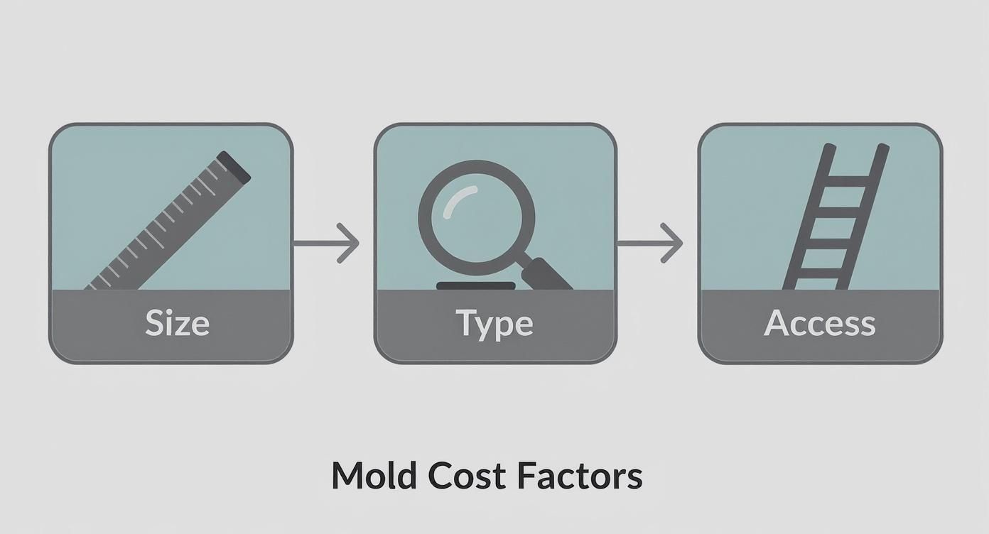 Infographic showing the process flow of mold cost factors: Size, Type, and Access, with corresponding icons.