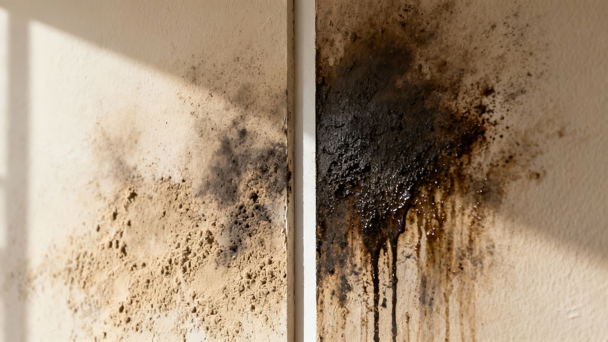 Walls extensively covered in black soot, showing both dry residue and wet drips.