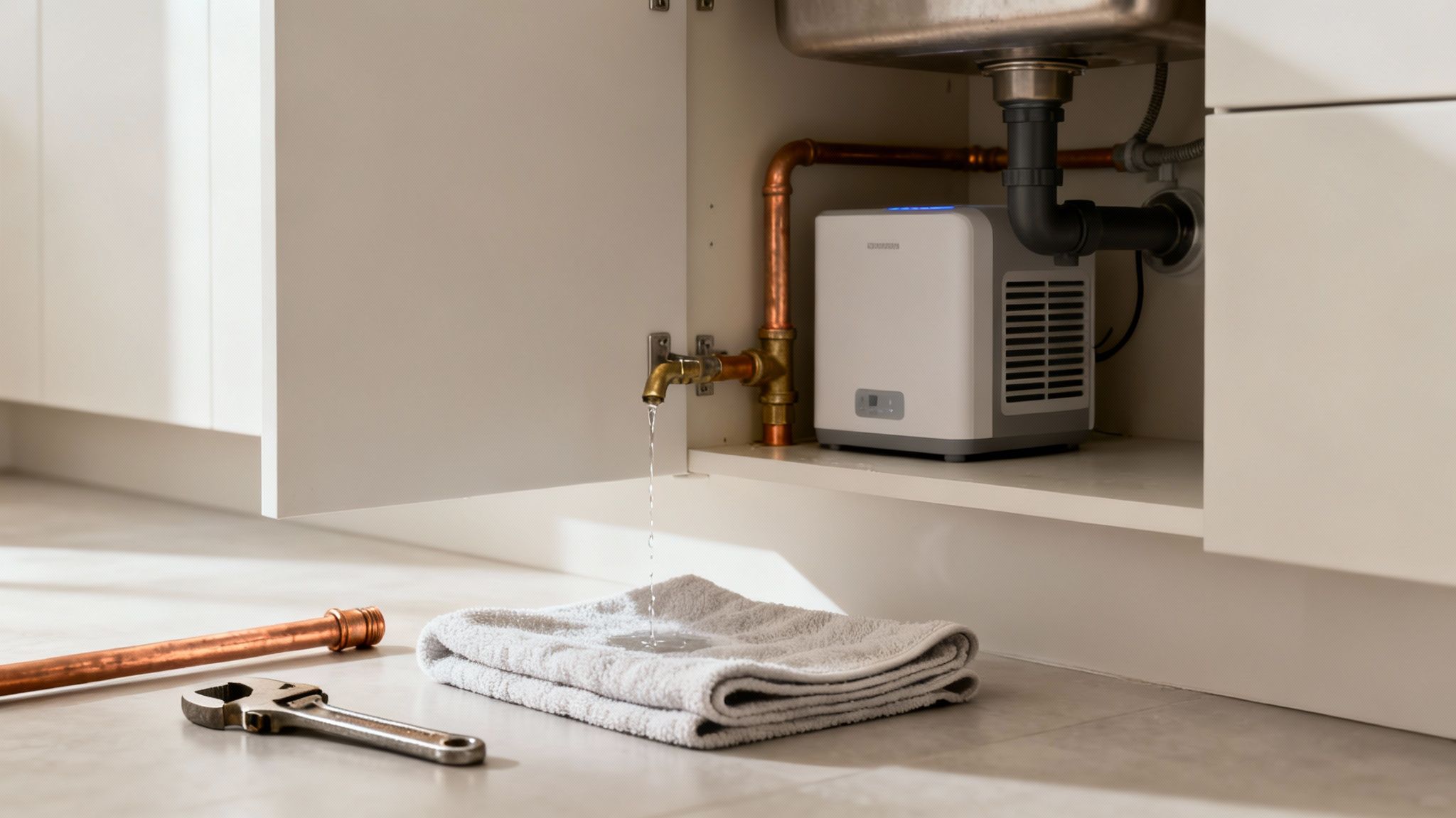Water dripping from a leaky brass faucet under a sink onto a towel, with plumbing tools nearby.