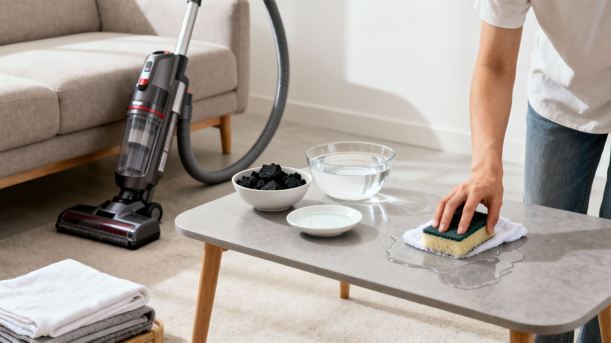 A person cleaning a table with a sponge and water, with a vacuum cleaner and charcoal nearby.