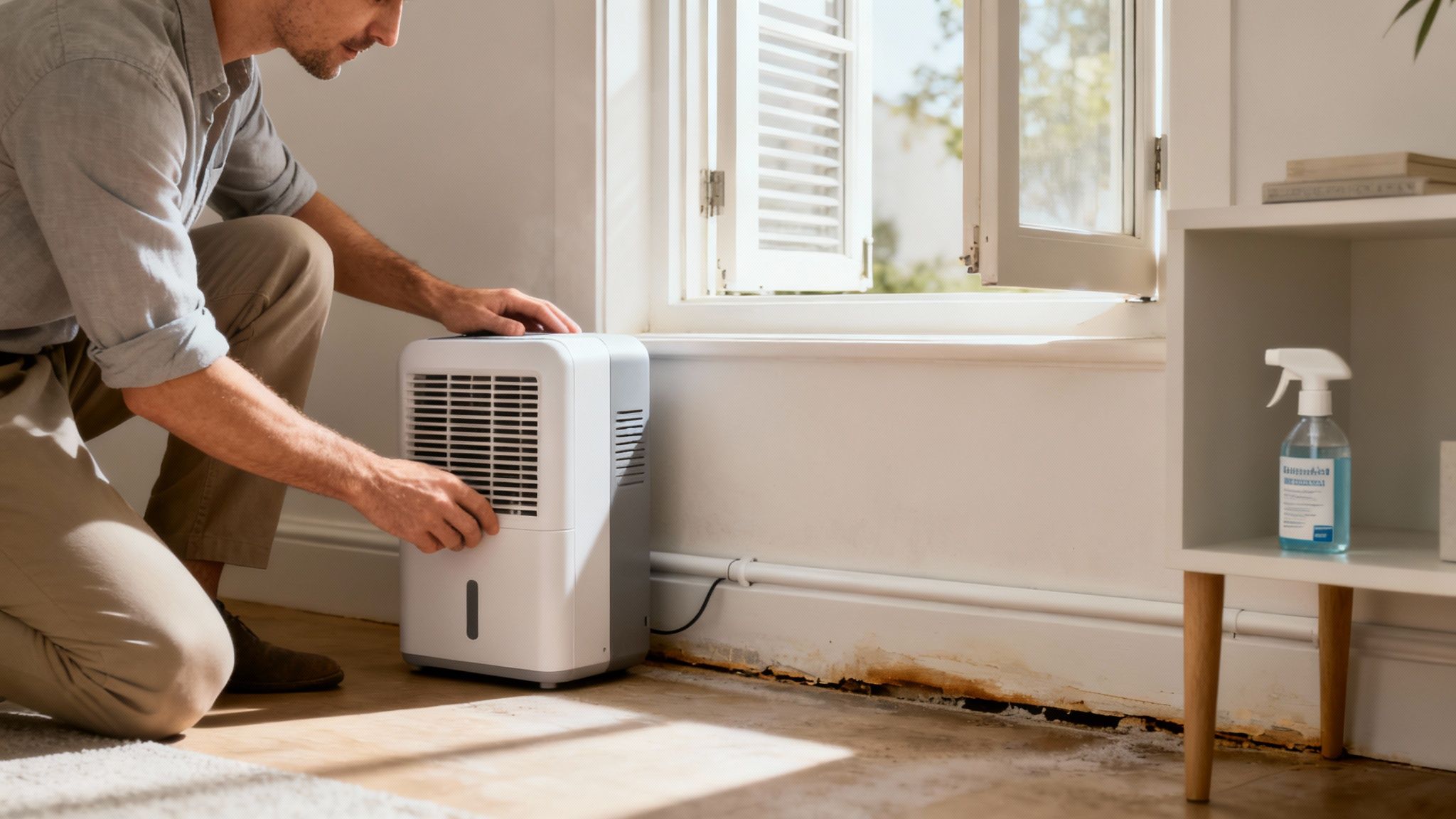 A man places a white dehumidifier next to a wall showing significant water damage.