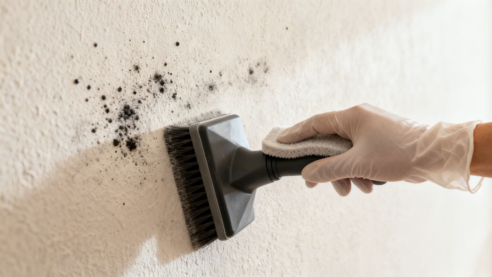 Gloved hand uses a brush and sponge to remove black soot from a textured white wall.