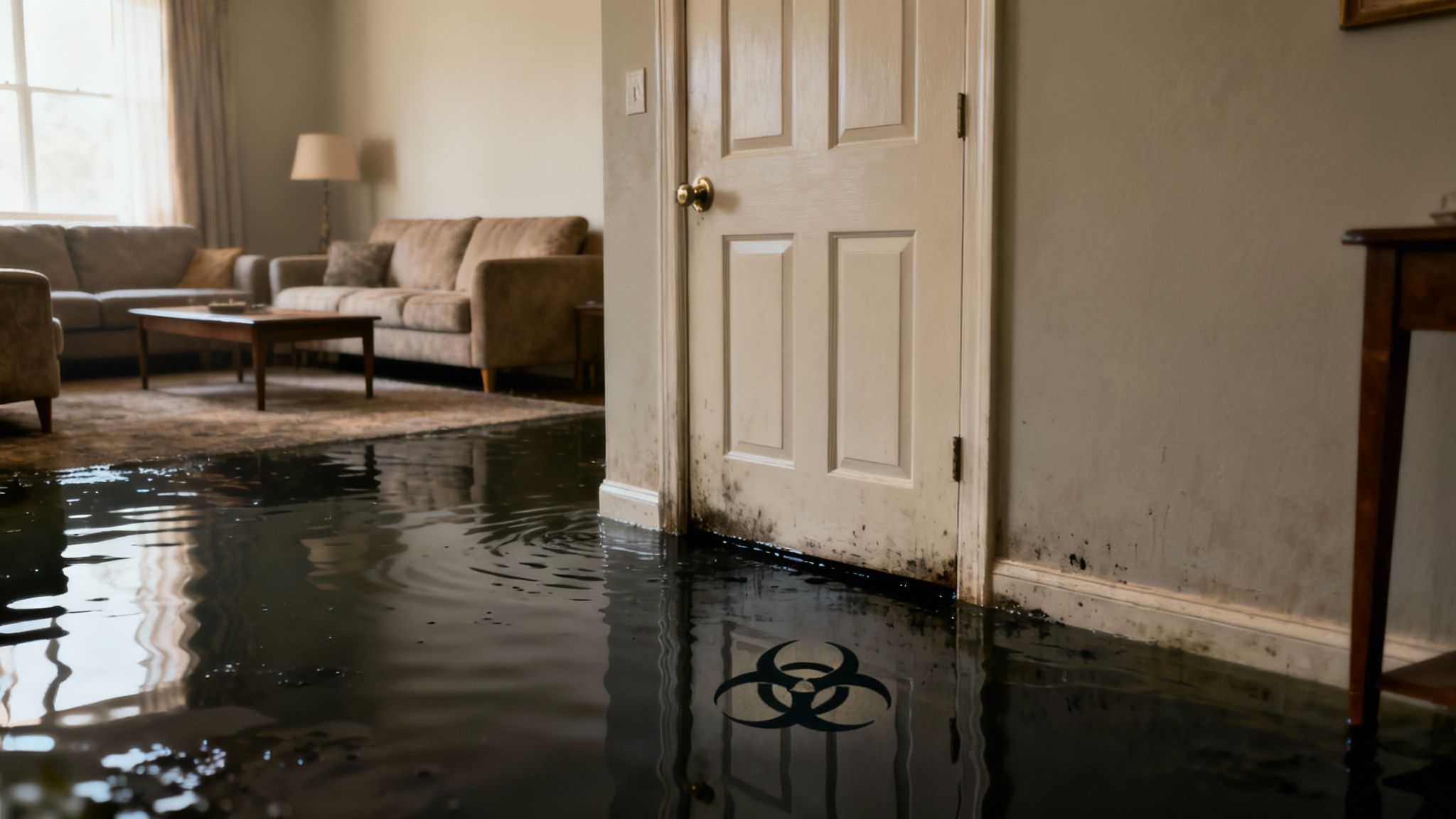 Dark, contaminated water floods a home, causing damage to walls and door, with a biohazard symbol.