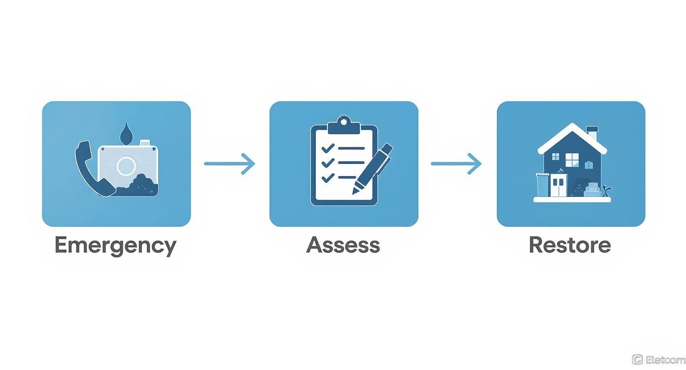 A three-step process diagram showing emergency reporting, damage assessment, and home restoration.