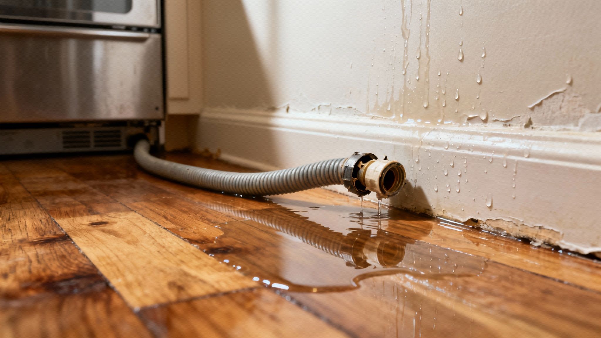 Water-damaged living room floor being inspected by a professional