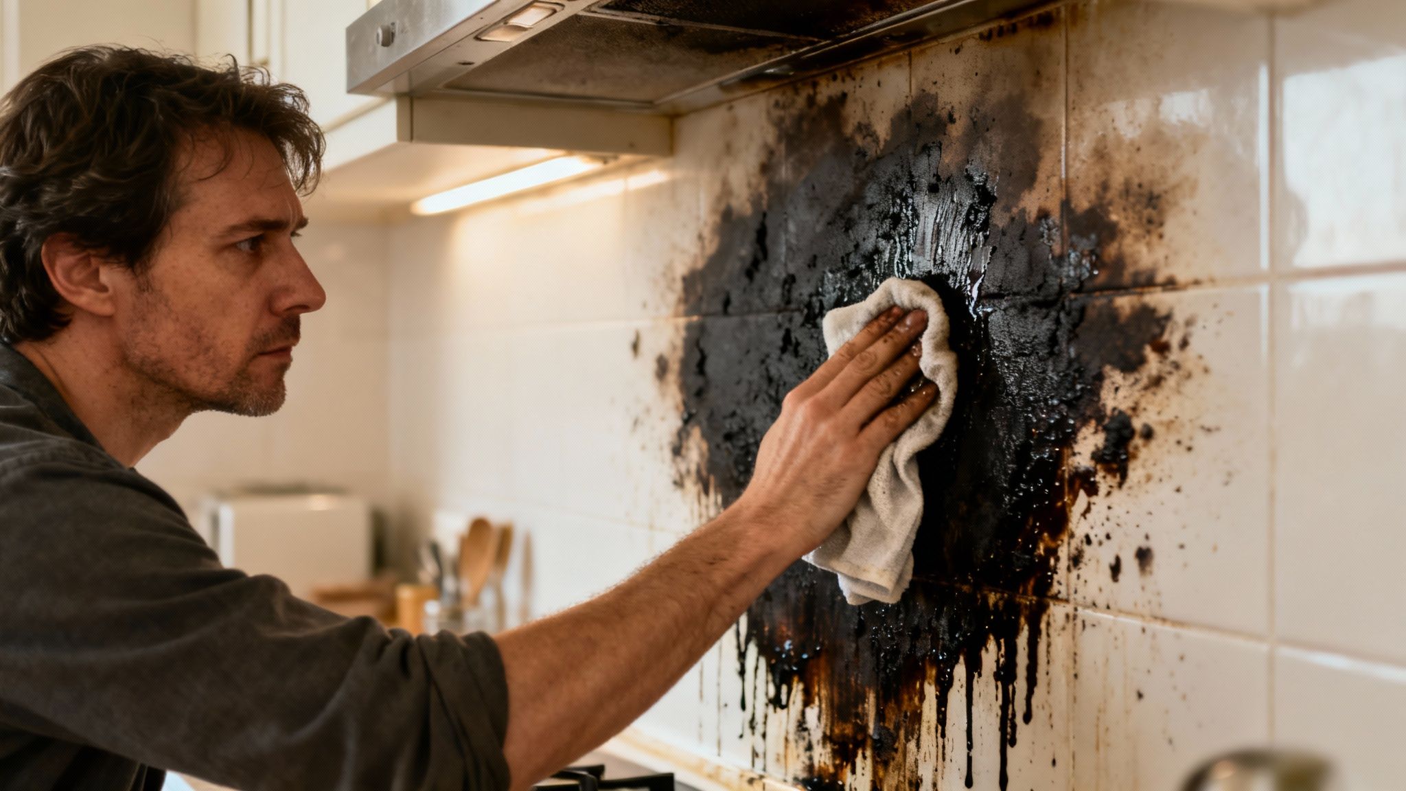 Man diligently cleans a kitchen wall splattered with black, burnt residue after a cooking accident.