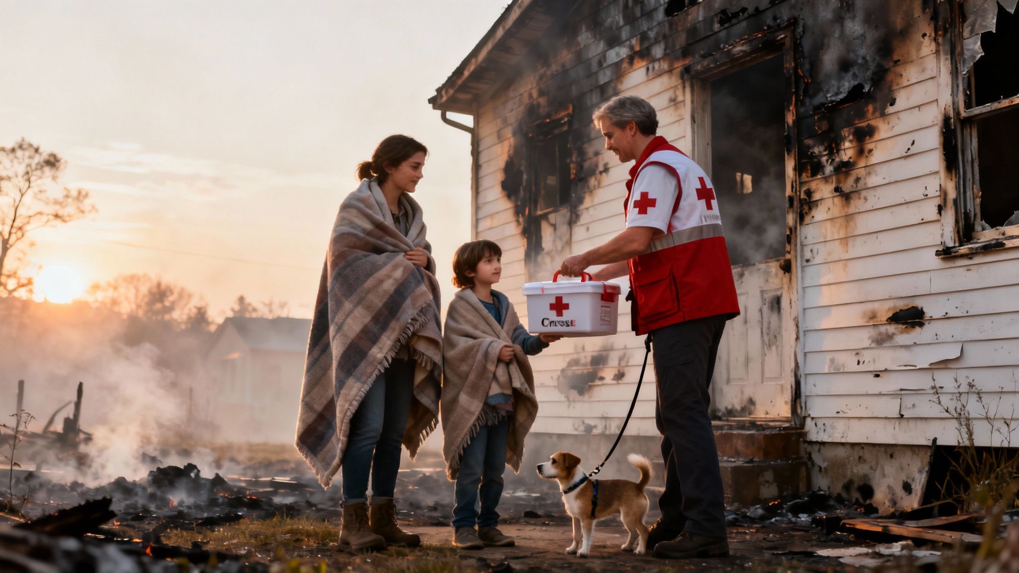 A Red Cross volunteer provides comfort and aid to a family after a devastating house fire.