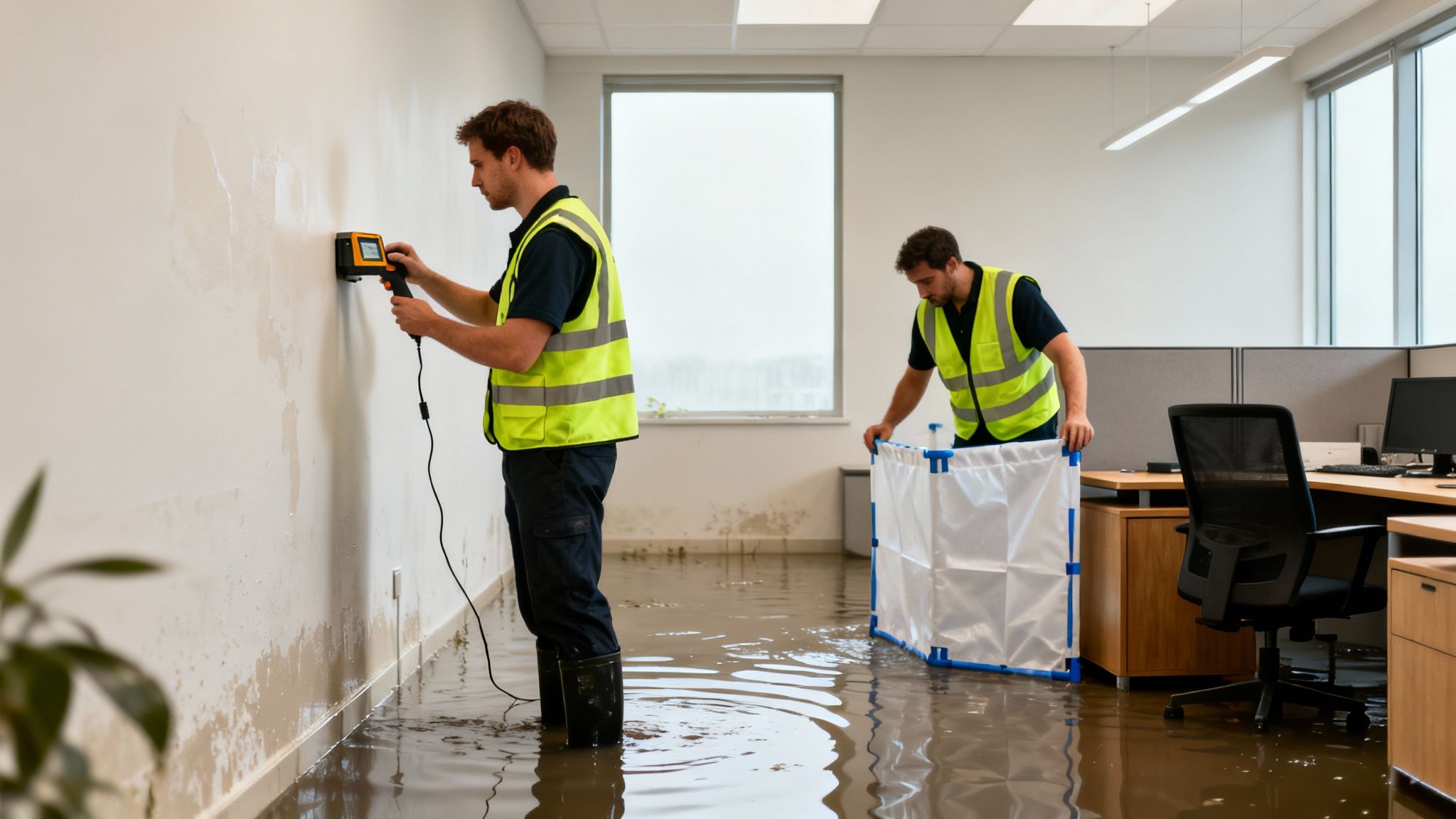 Two workers in high-vis vests clean up a flooded office, one using a moisture detector on a wall.