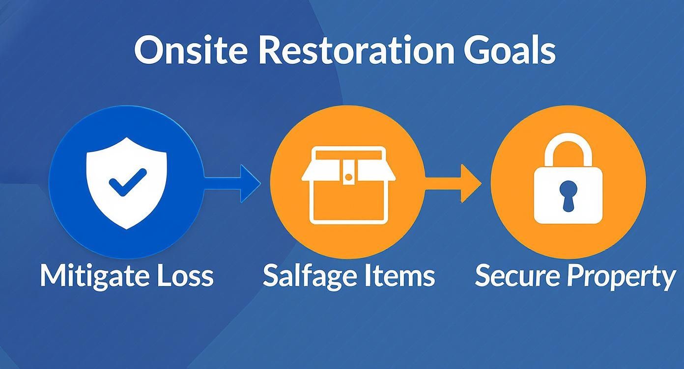 Three-step onsite restoration goals showing mitigate loss, salvage items, and secure property with icons