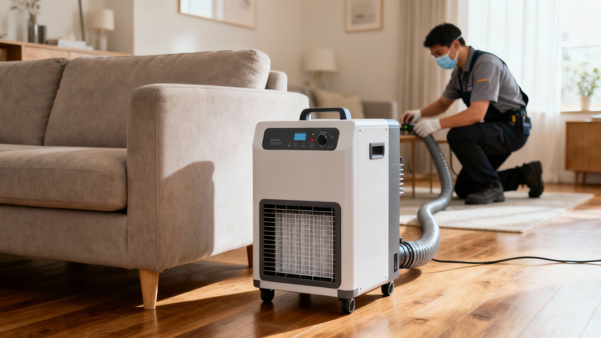 A professional cleaner with a mask and gloves uses a machine to deep clean a living room carpet.