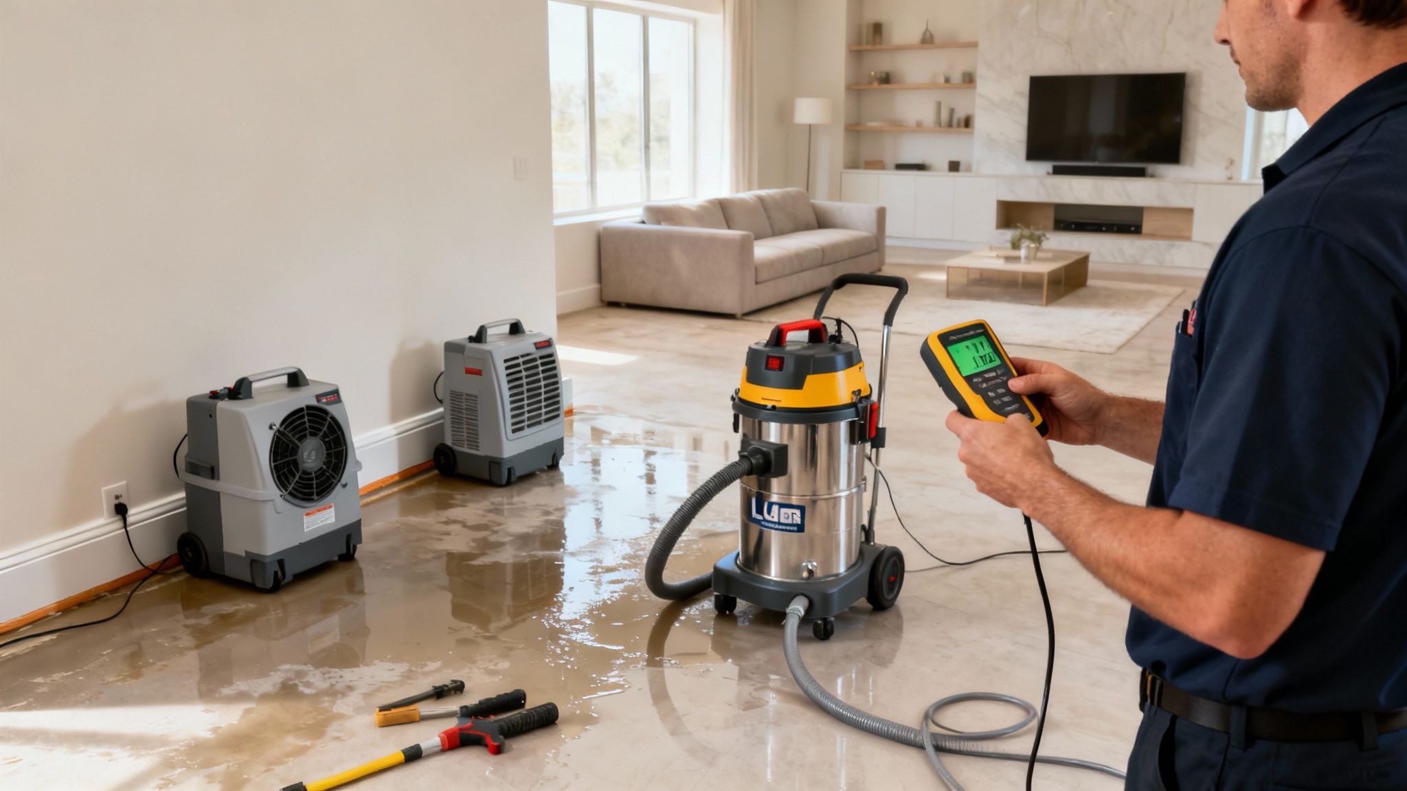 A technician assesses water damage with a meter while drying equipment works in a flooded living room.