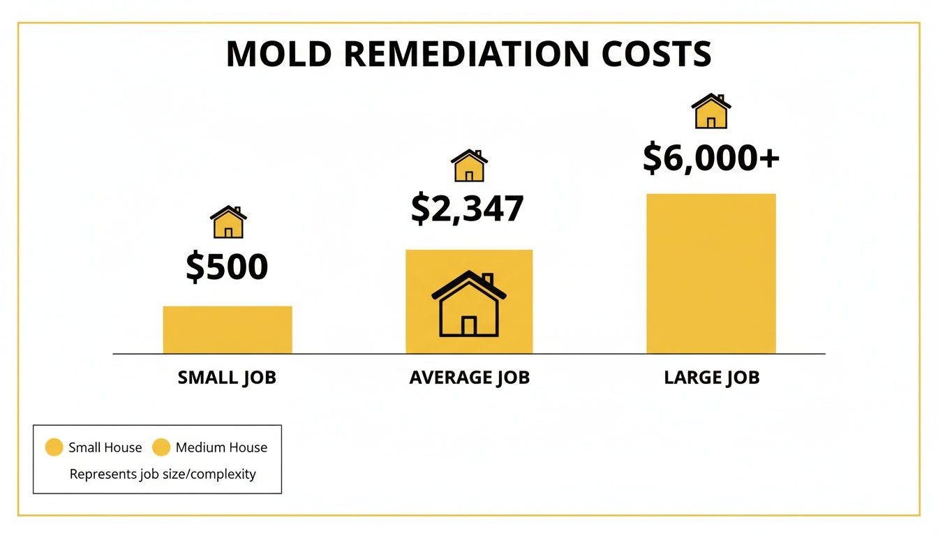Bar chart showing mold remediation costs: small job $500, average job $2,347, large job $6,000+.