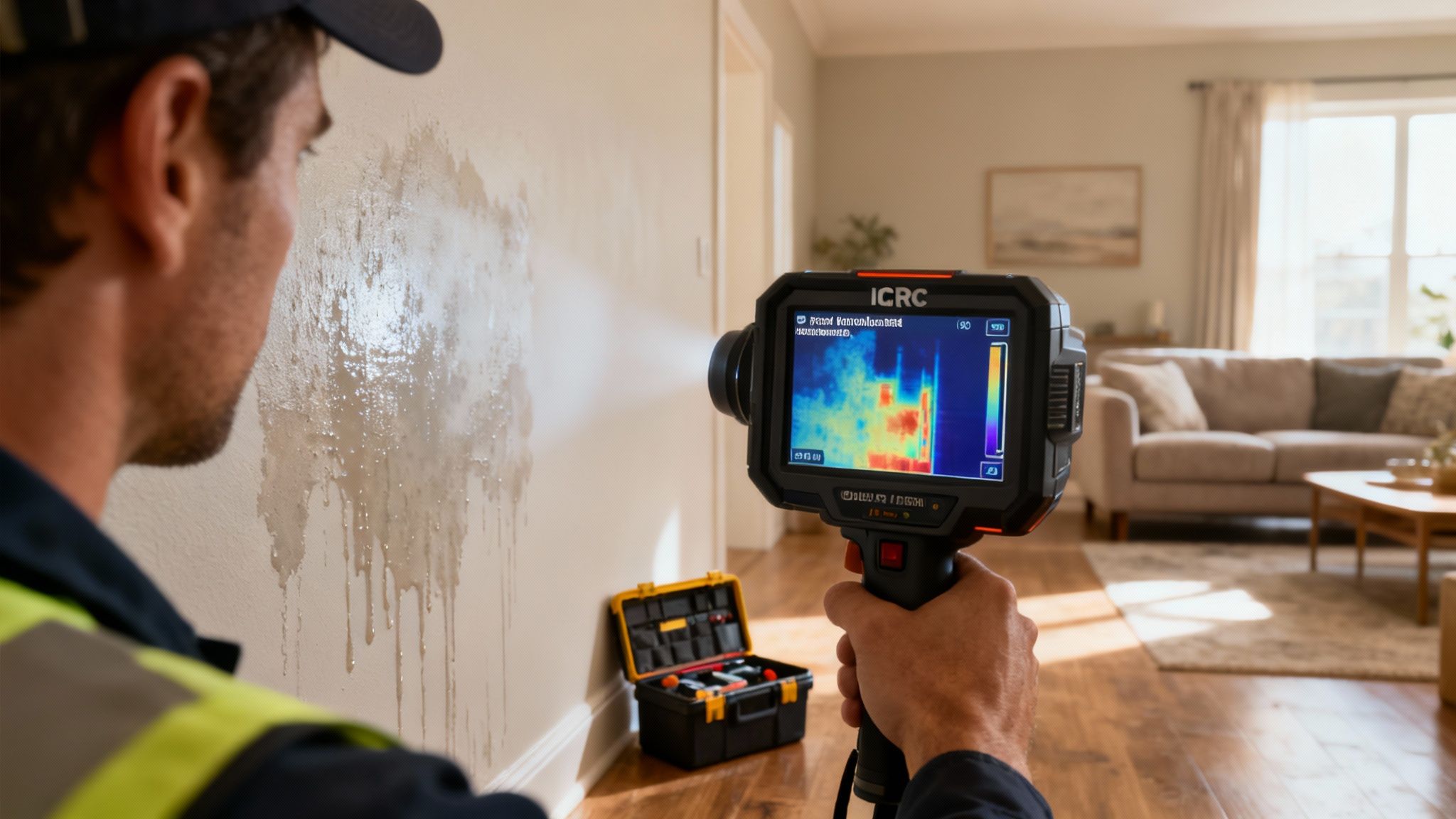 Inspector uses a thermal imager to detect hidden water damage on a household wall.