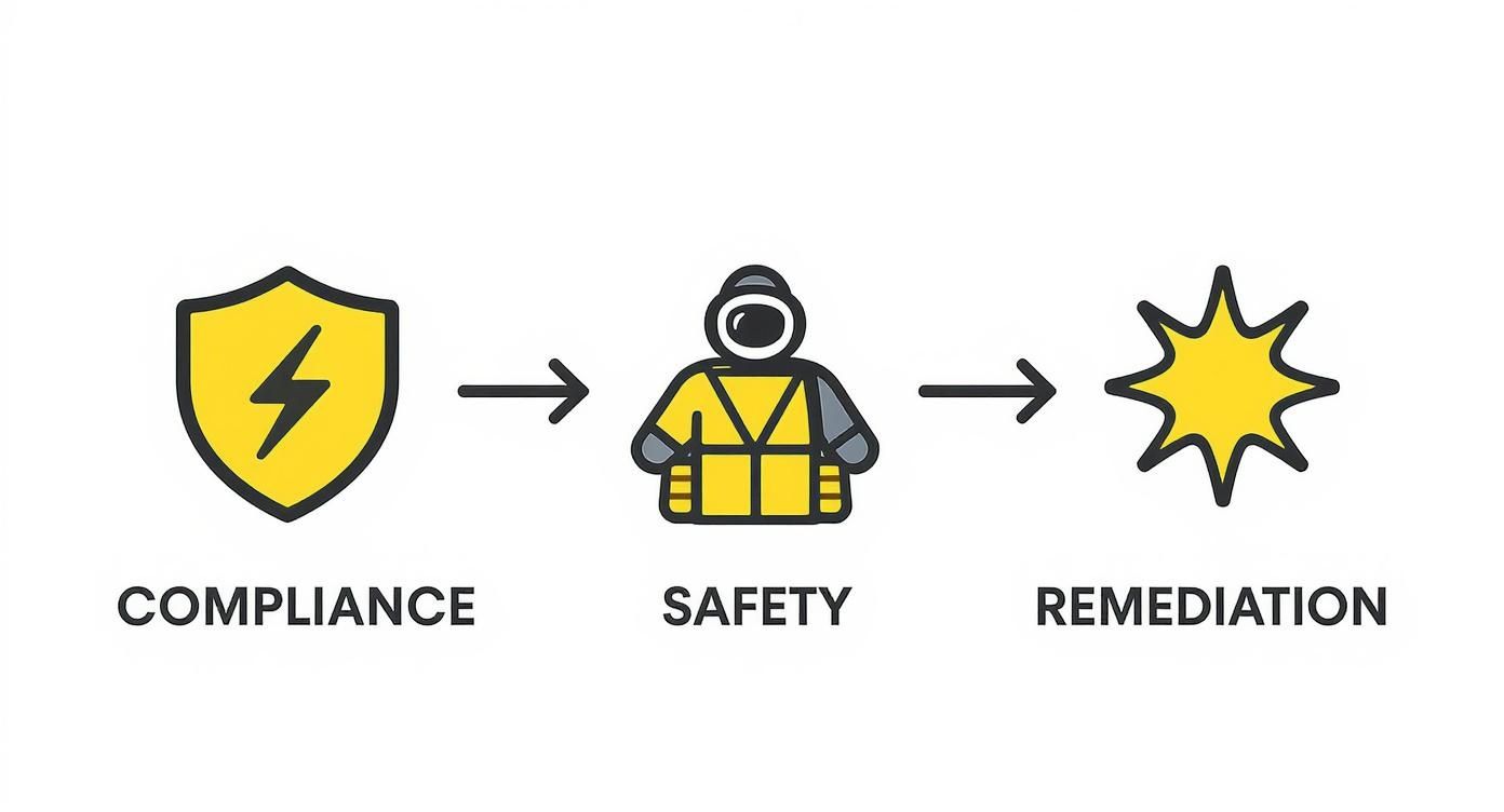 A graphic illustrating the steps: compliance (shield), safety (worker), and remediation (starburst).