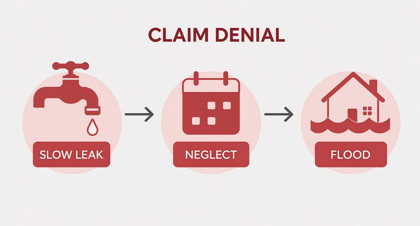 Infographic showing the process of a denied insurance claim, with icons for a slow leak, neglect, and flooding.
