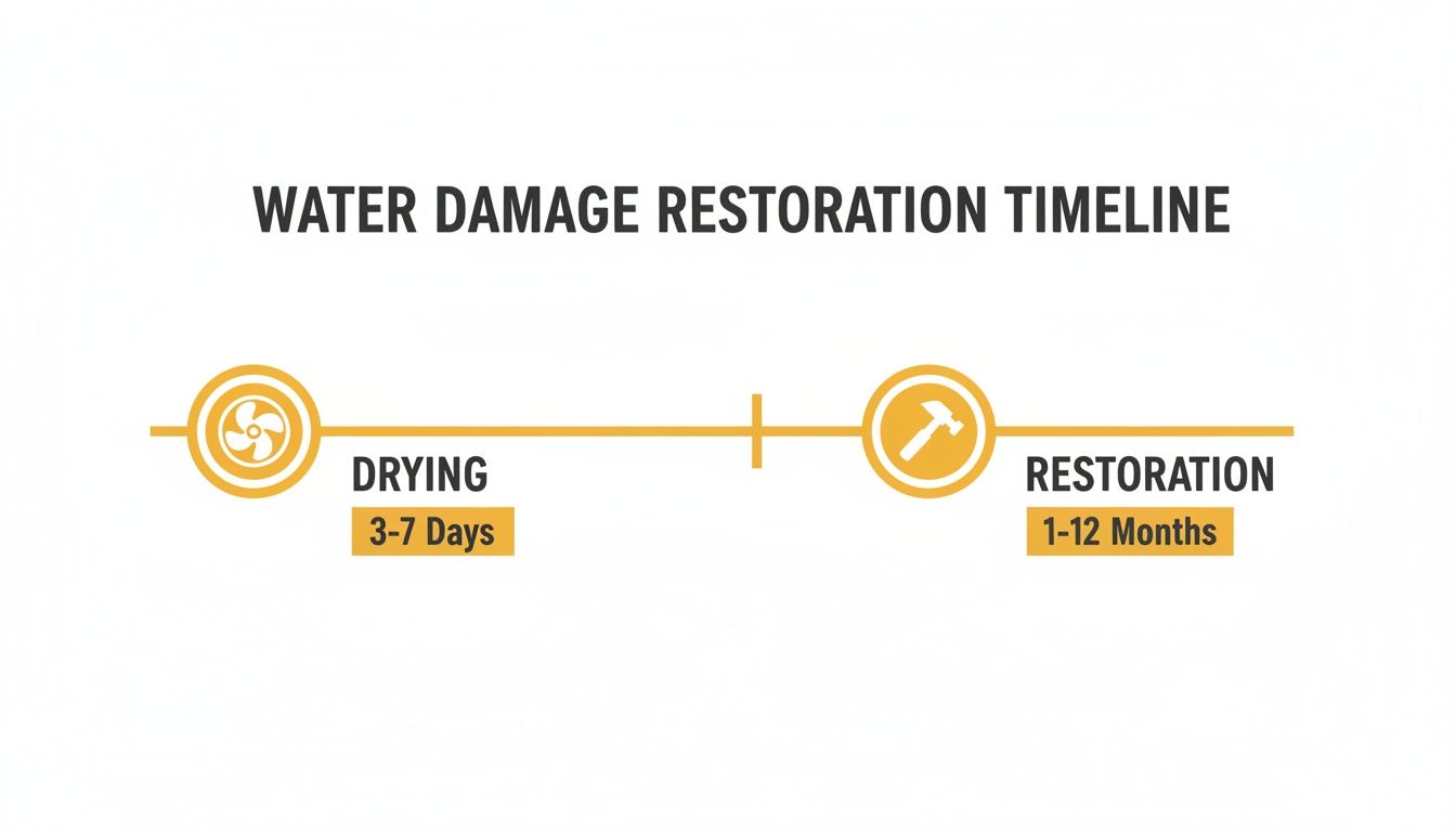 Water damage restoration timeline illustrating drying (3-7 days) with a fan and restoration (1-12 months) with a hammer.