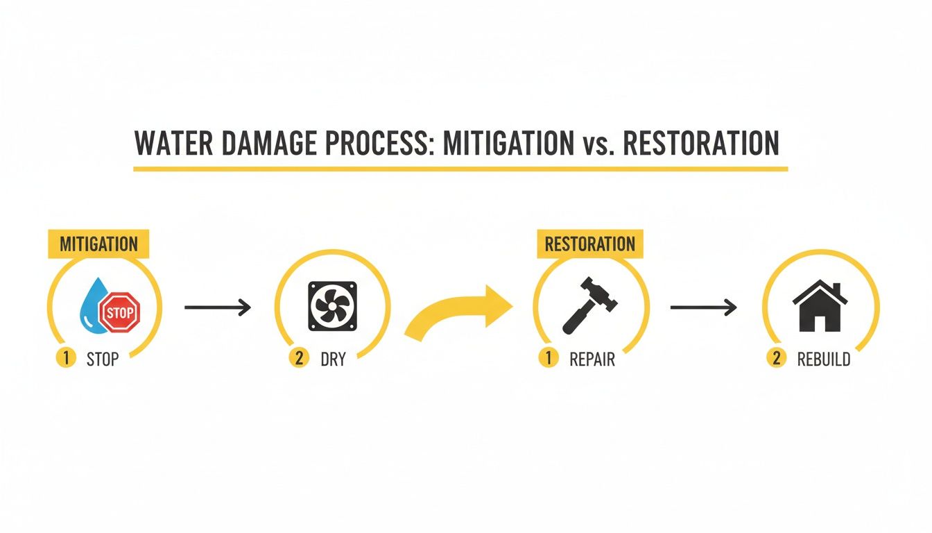 Infographic showing the water damage process, outlining mitigation (stop, dry) and restoration (repair, rebuild) steps.