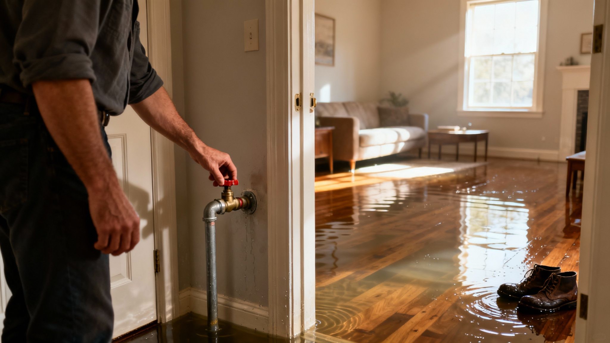 A man turns off a pipe valve in a home with a severely flooded living room, indicating water damage.