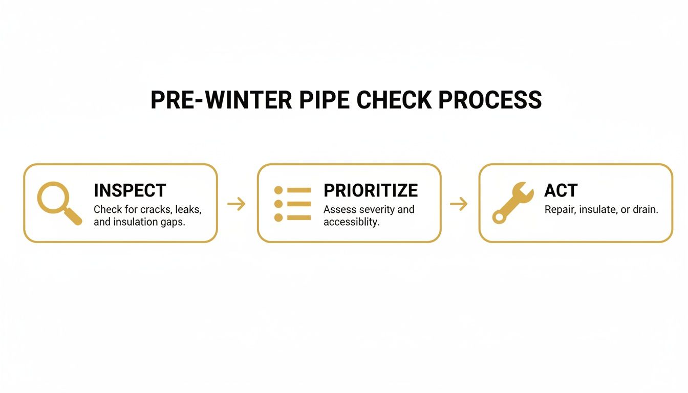 A three-step pre-winter pipe check process: Inspect, Prioritize, and Act to prevent issues.