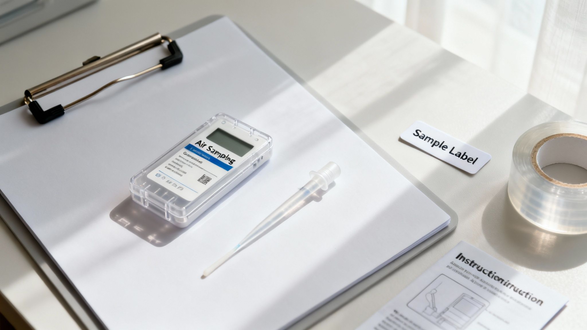 Air sampling kit with a device, swab, sample label, tape, and instruction manual on a table.
