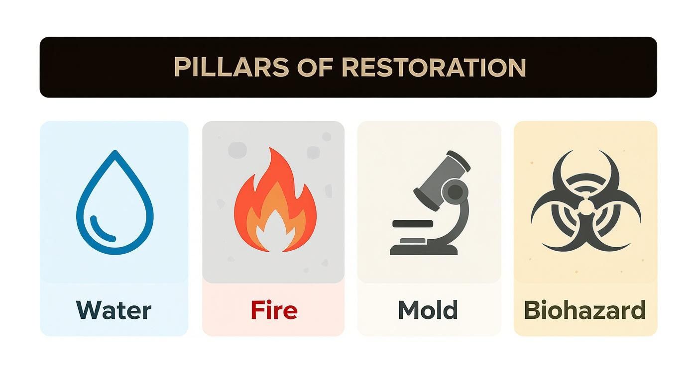 Infographic showing the four pillars of restoration services: Water, Fire, Mold, and Biohazard.
