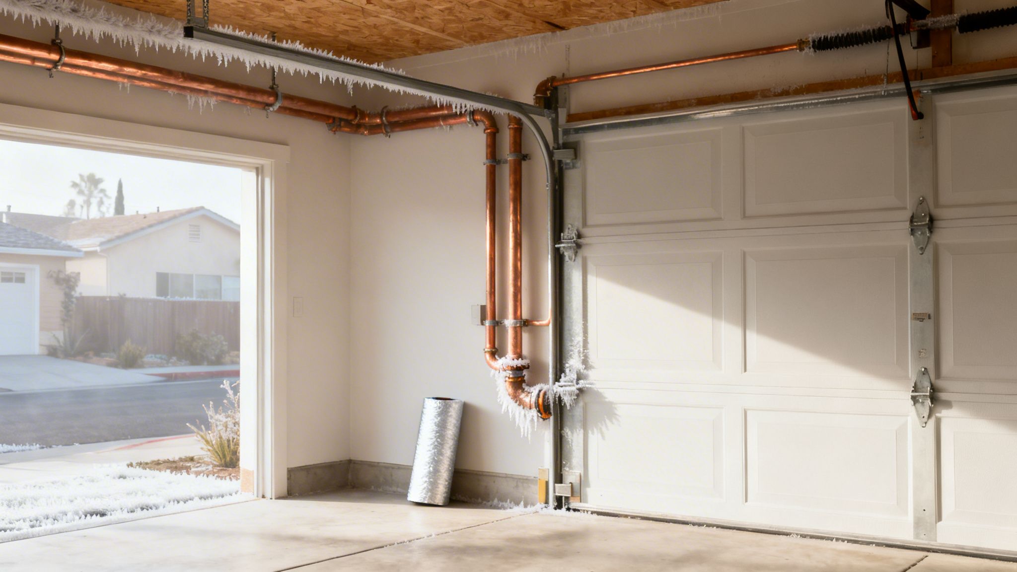 Severe winter weather causes icicles to form on copper pipes and garage door rails inside a garage.