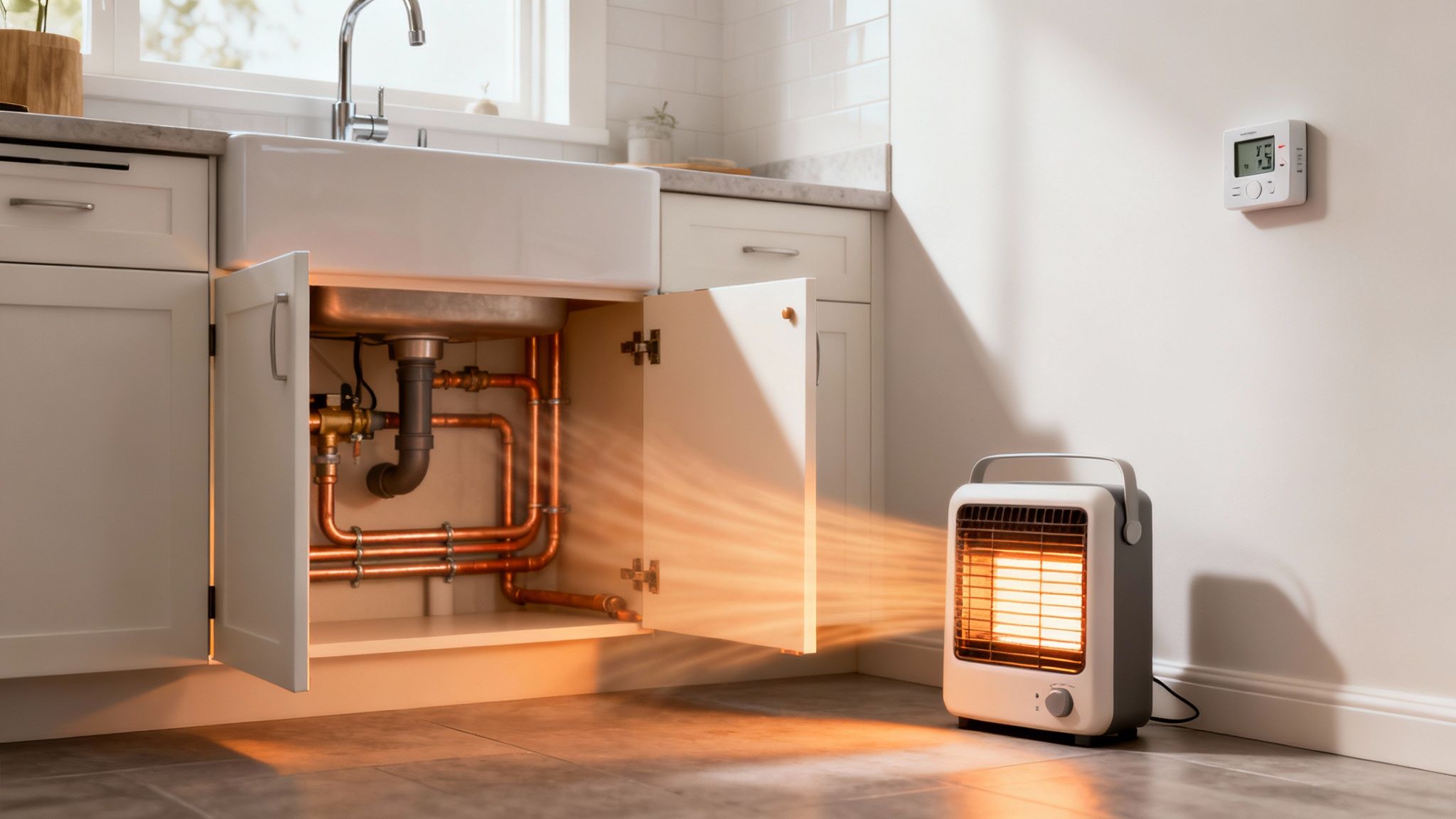 Portable heater directs warmth towards plumbing pipes under a sink in a modern kitchen.