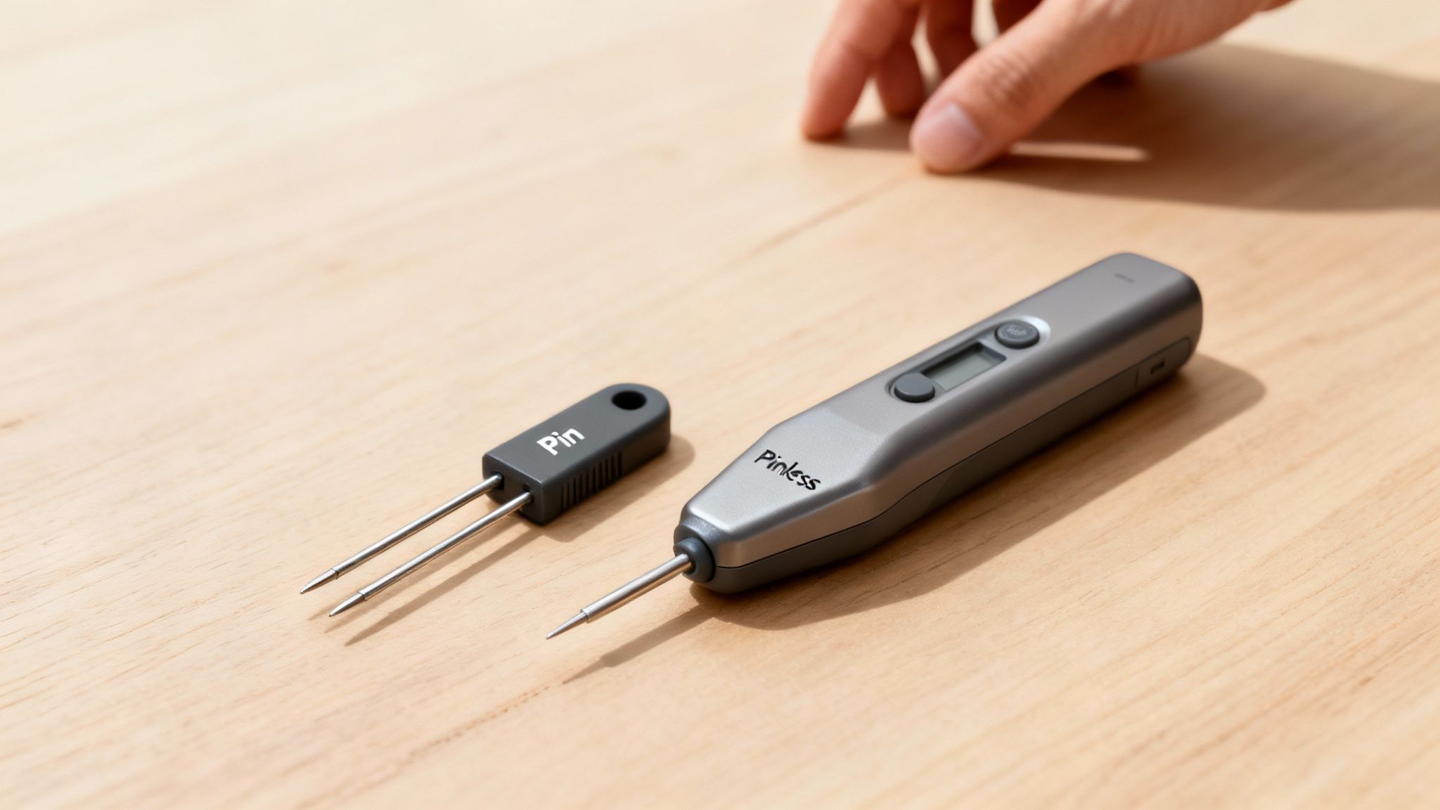 Two types of moisture meters, one with pins and a pinless model, on a wooden surface.