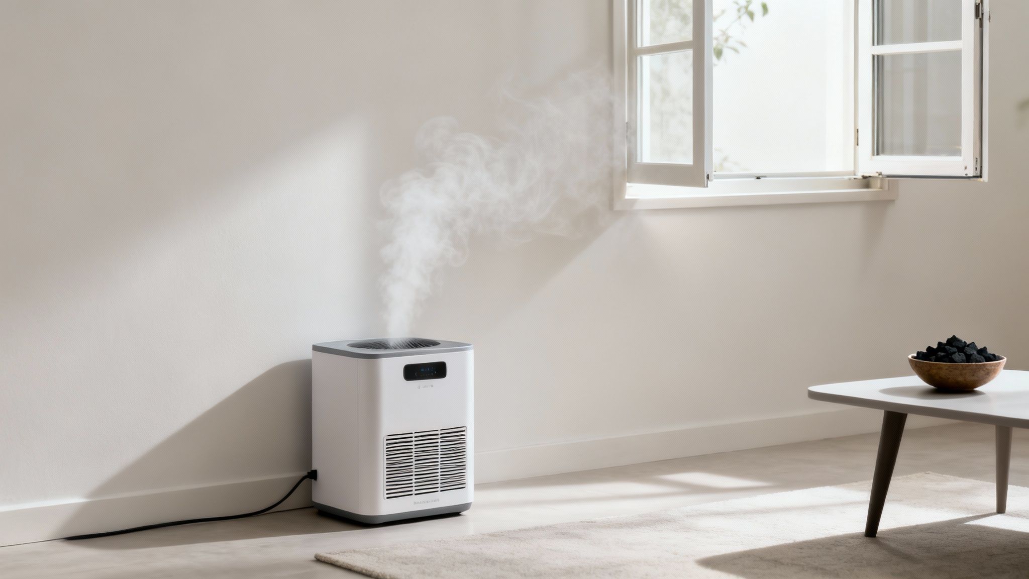 A white humidifier emitting steam in a bright, minimalist room with an open window.
