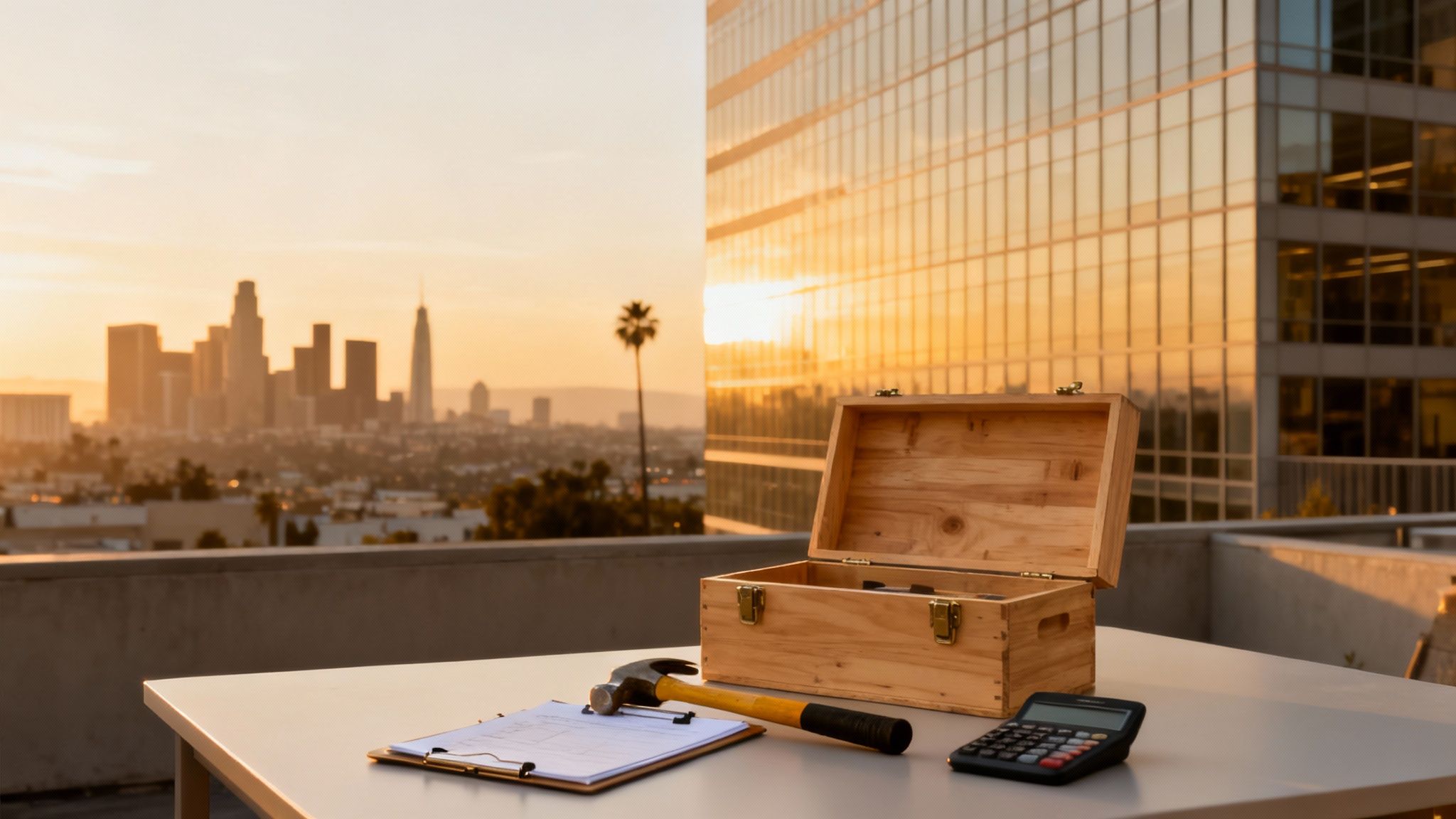 Golden hour rooftop view with city skyline, open wooden toolbox, hammer, calculator, and clipboard on a table.
