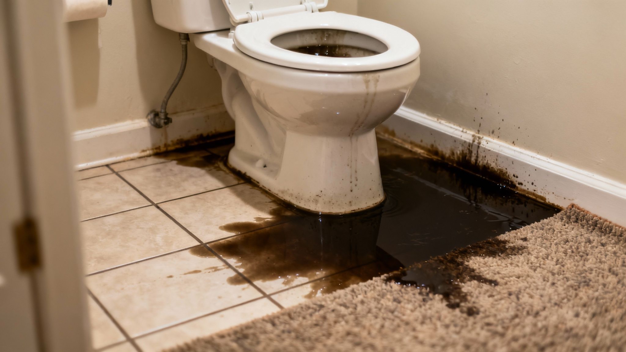 Technician in full protective gear cleaning up a flooded basement floor after sewage damage.