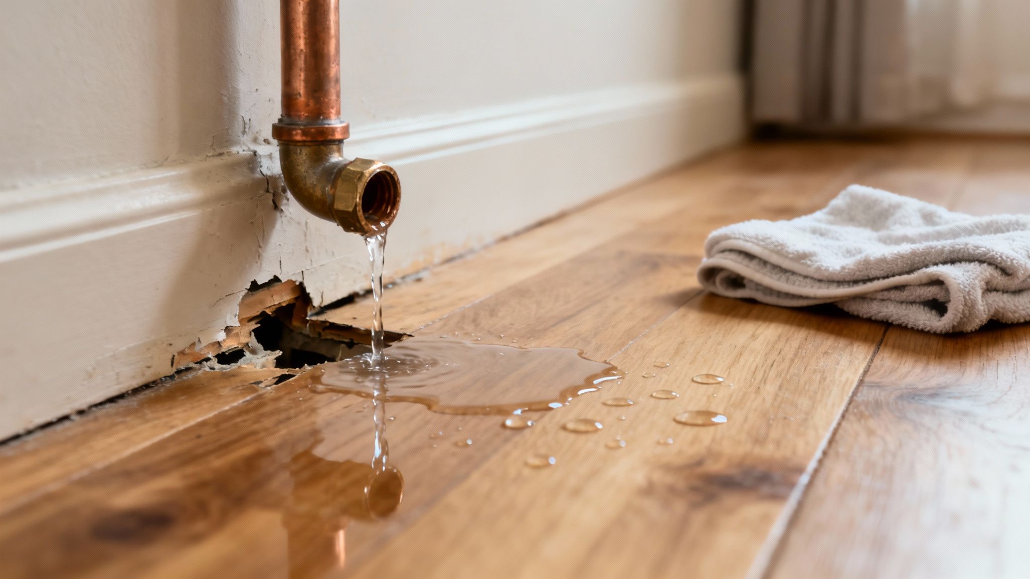 Water damage in a home from a burst pipe, showing wet floors and walls.