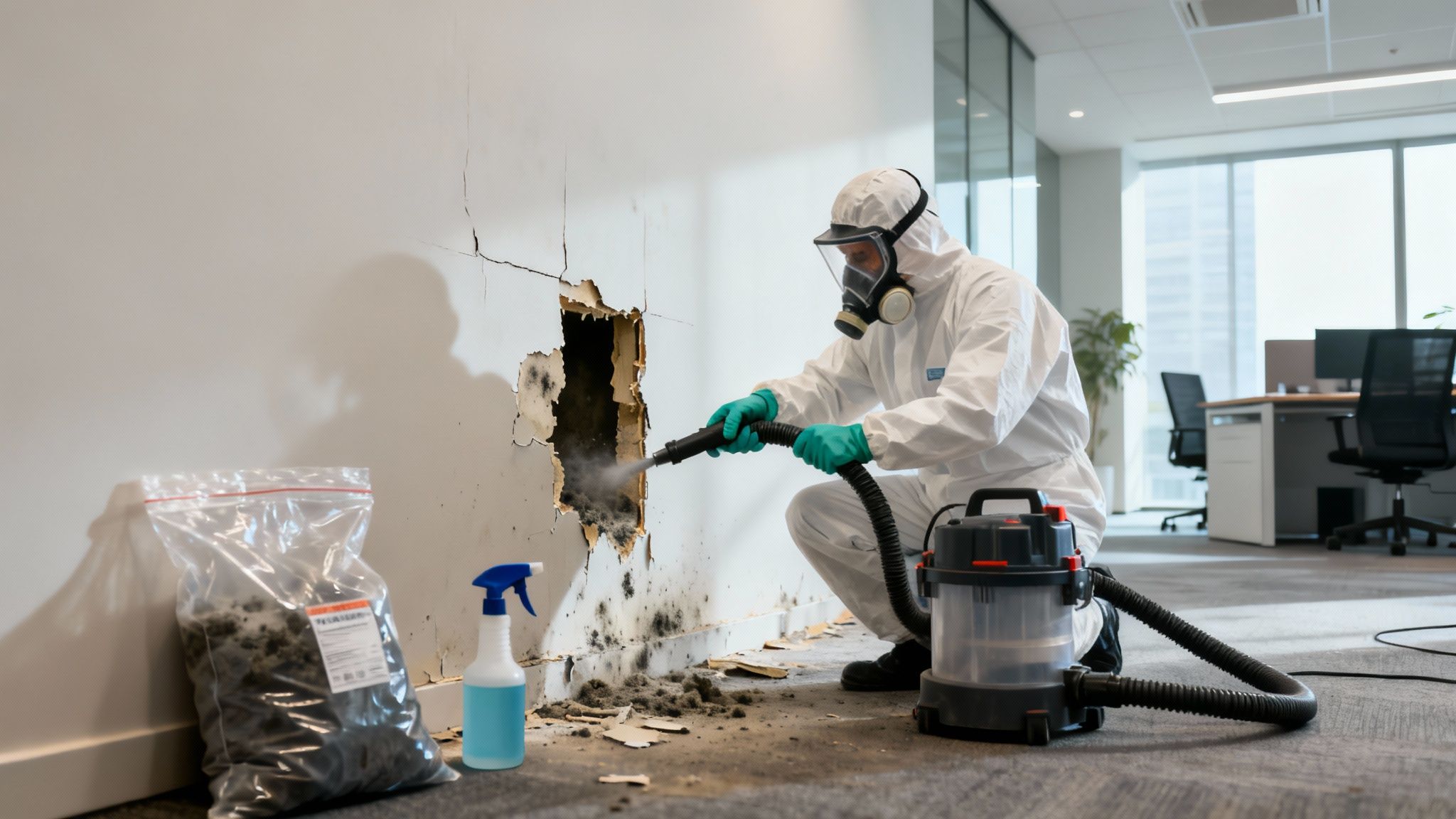 Professional in hazmat suit removing black mold from a damaged office wall with a vacuum.