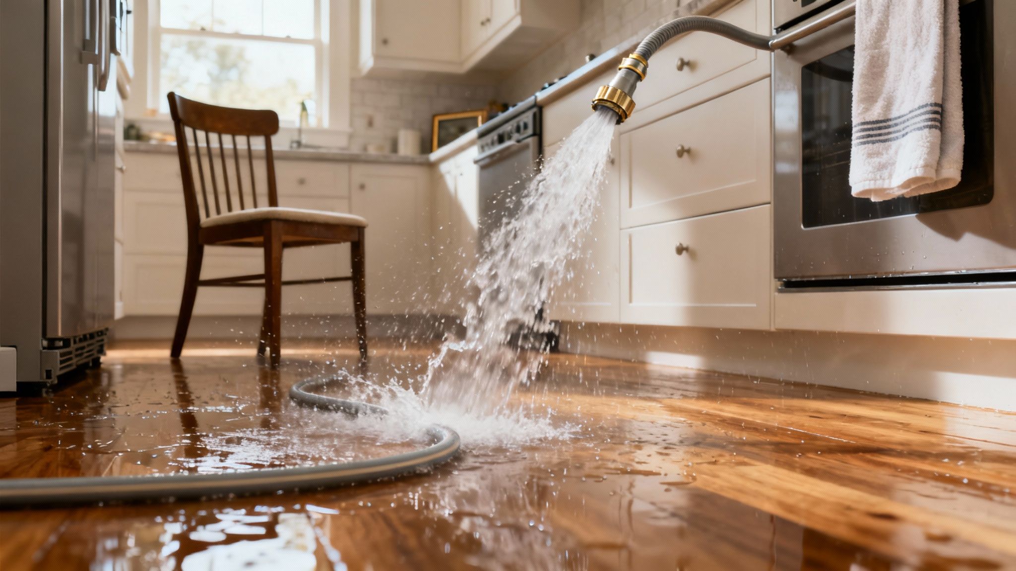 Water sprays from a hose onto a wooden kitchen floor, causing a significant puddle.