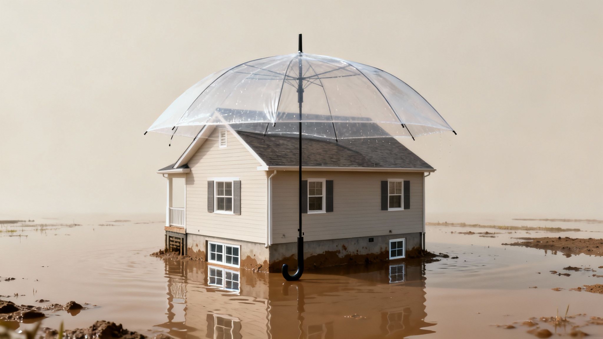 A house partially submerged in muddy floodwaters, protected by a large clear umbrella.