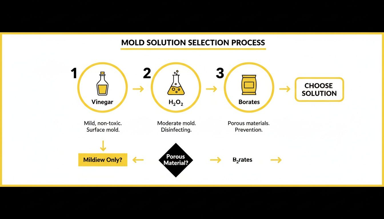 Flowchart illustrating mold solution selection process, including vinegar, H₂O₂, and borates options.