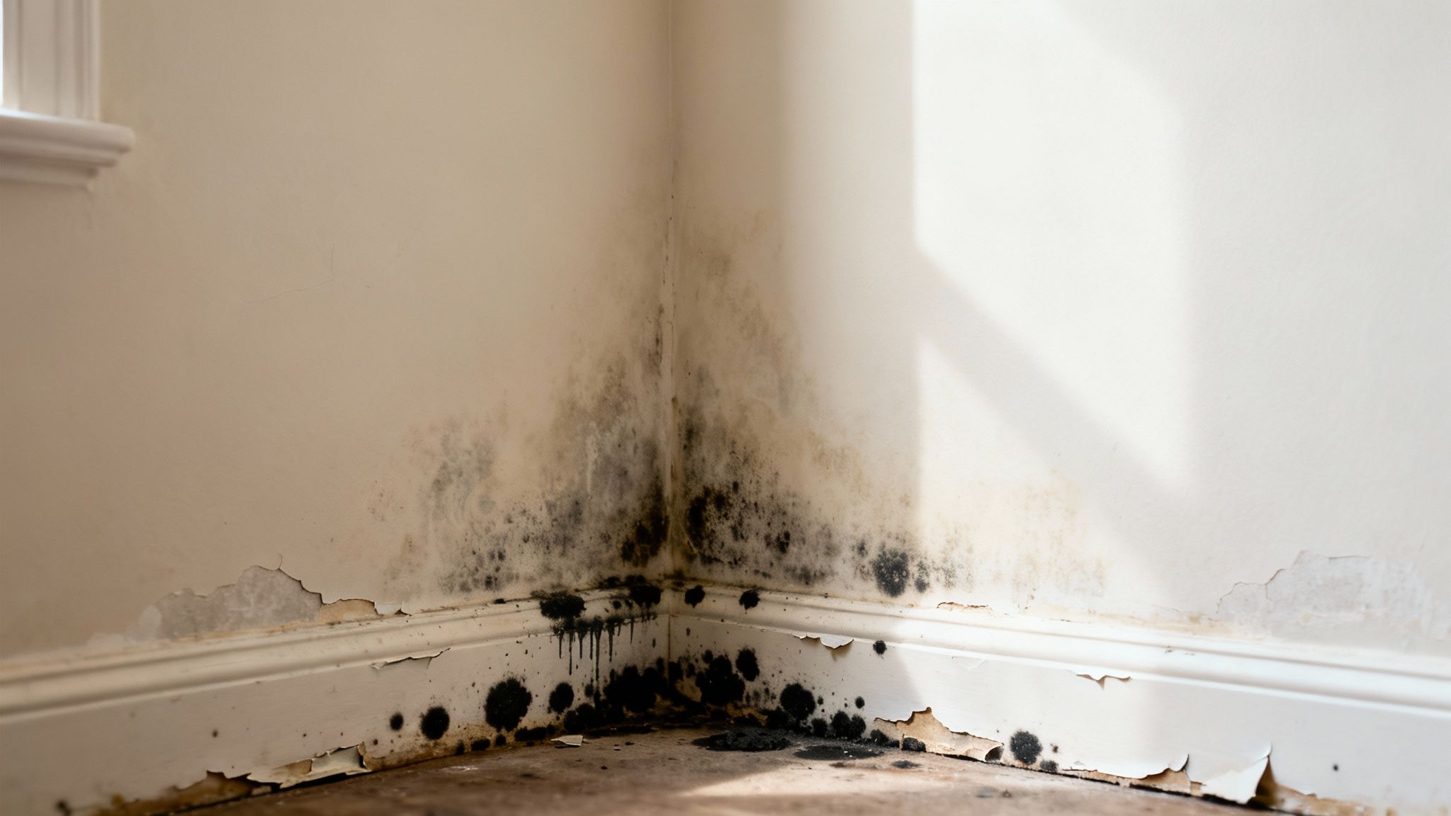 Severe black mold and peeling paint covering a damp house wall corner and baseboard.