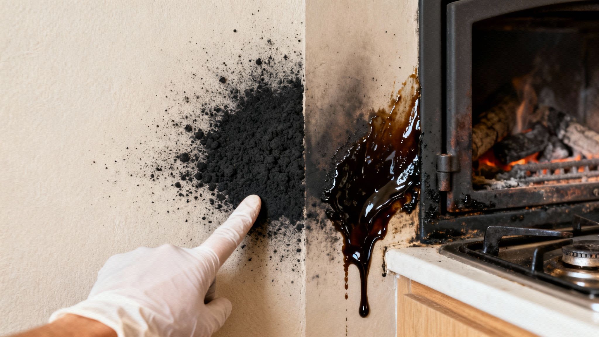 Gloved hand pointing at black soot on a wall next to a fireplace with dripping creosote.