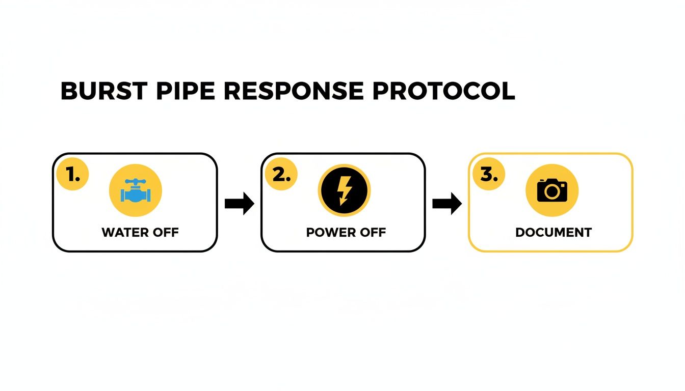 Visual guide outlining a 3-step burst pipe response protocol: turn off water, turn off power, then document.