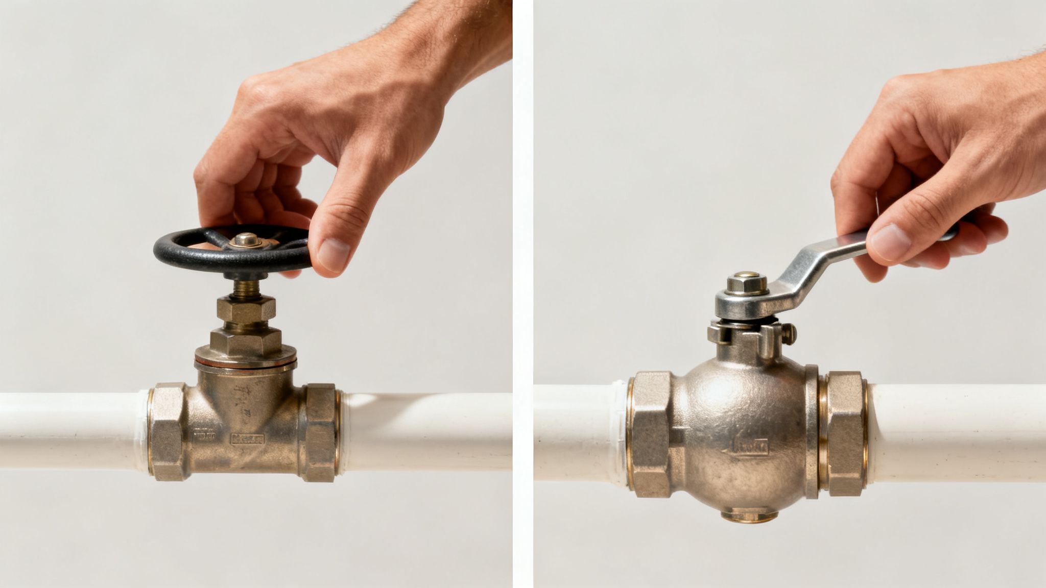 Hands shown opening and closing a gate valve and a ball valve on water pipes.