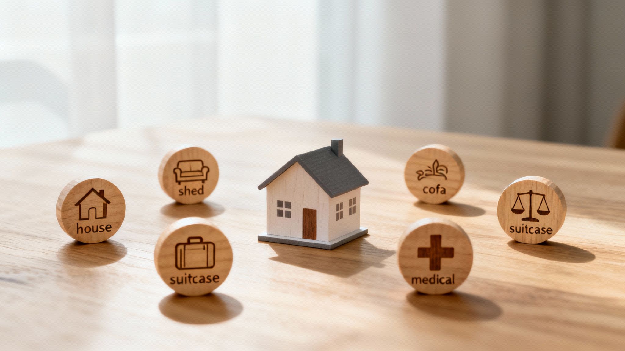 A miniature house model on a wooden table surrounded by wooden tokens for home insurance concepts.