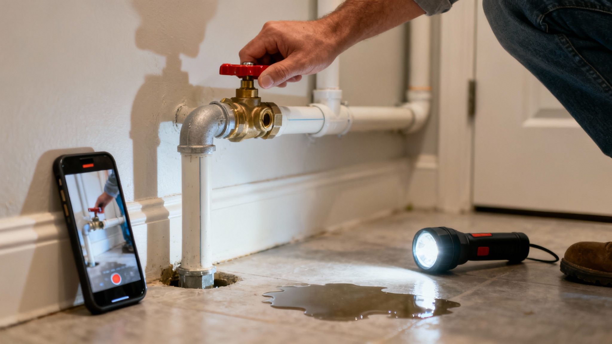 Man turning a main water valve to stop a leak, smartphone recording for insurance.
