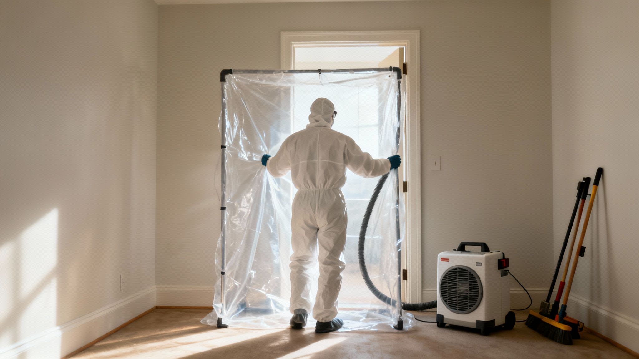 A professional mold remediation technician in full protective gear using specialized equipment to treat a mold-infested wall.