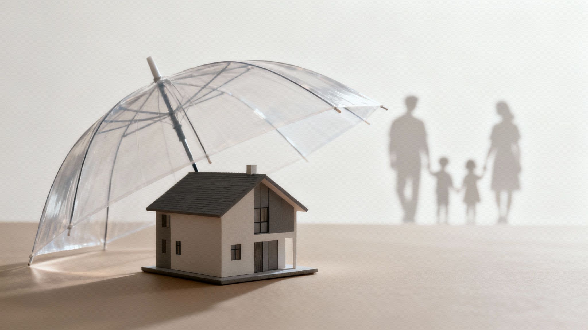 A miniature house protected by a transparent umbrella, with blurred shadows of a family in the background.