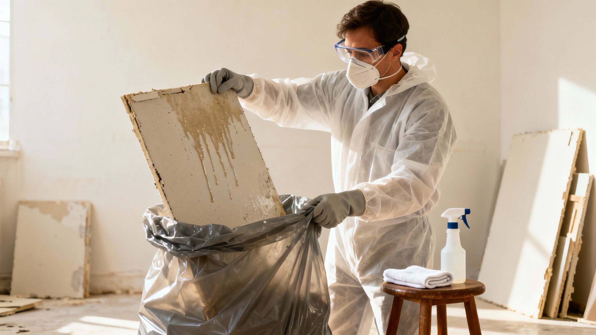 Man in protective suit and mask disposing of water-damaged, moldy material into a trash bag.