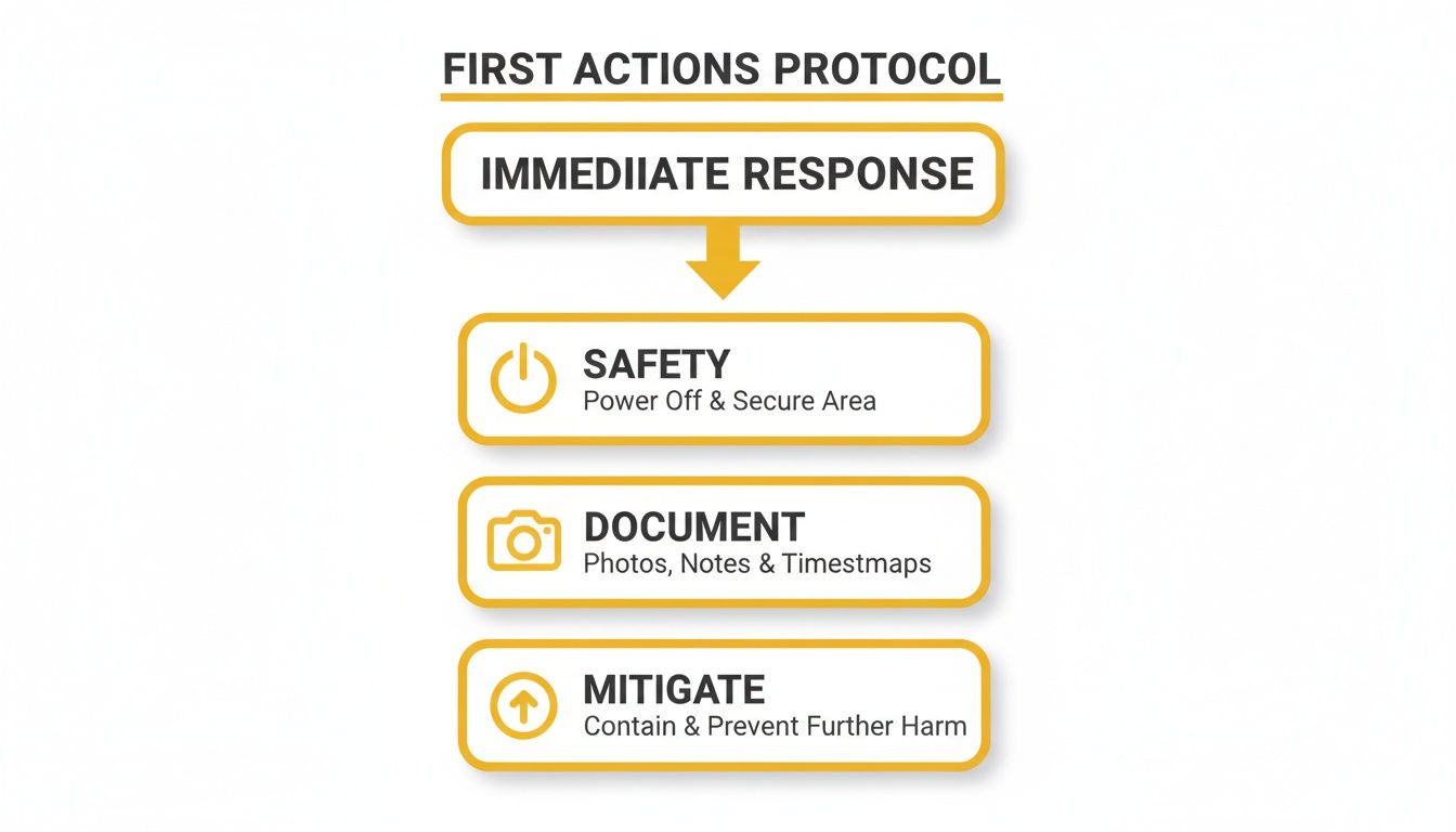 A flowchart outlining a first actions protocol for immediate response, safety, documentation, and mitigation.